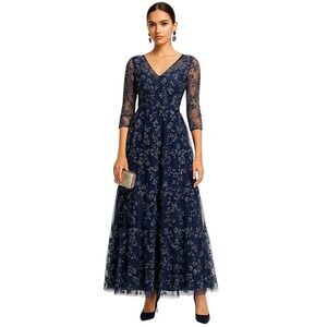 Carmen Marc Valvo Infusion Blue Embroidered‎ Tulle Gown Sequins V-Neck Formal